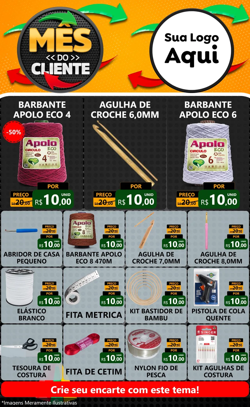 Modelo de Encarte para Encarte Grande com o tema Mês do Cliente para Armarinho e Aviamentos
