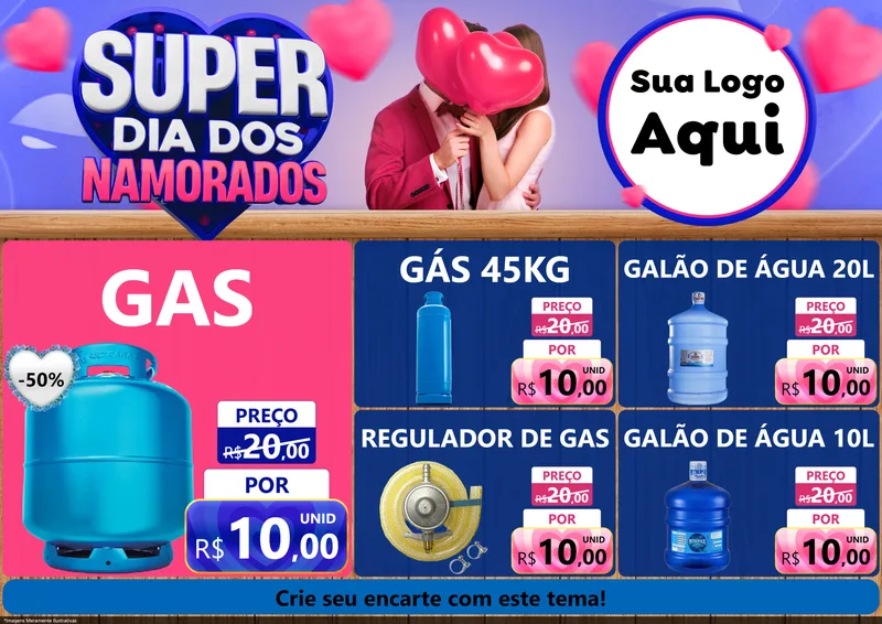 Modelo de Encarte para Encarte A4 Horizontal com o tema Super Dia dos Namorados para Água e gás