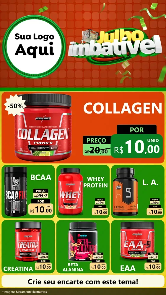 Modelo de Rede Social para Stories com o tema Julho Imbatível para Suplementos alimentares