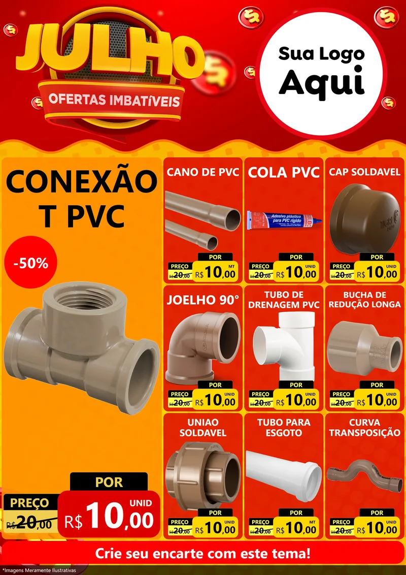 Modelo de Encarte para Encarte A4 Vertical com o tema Julho Ofertas Imbatíveis para Tubos e conexões