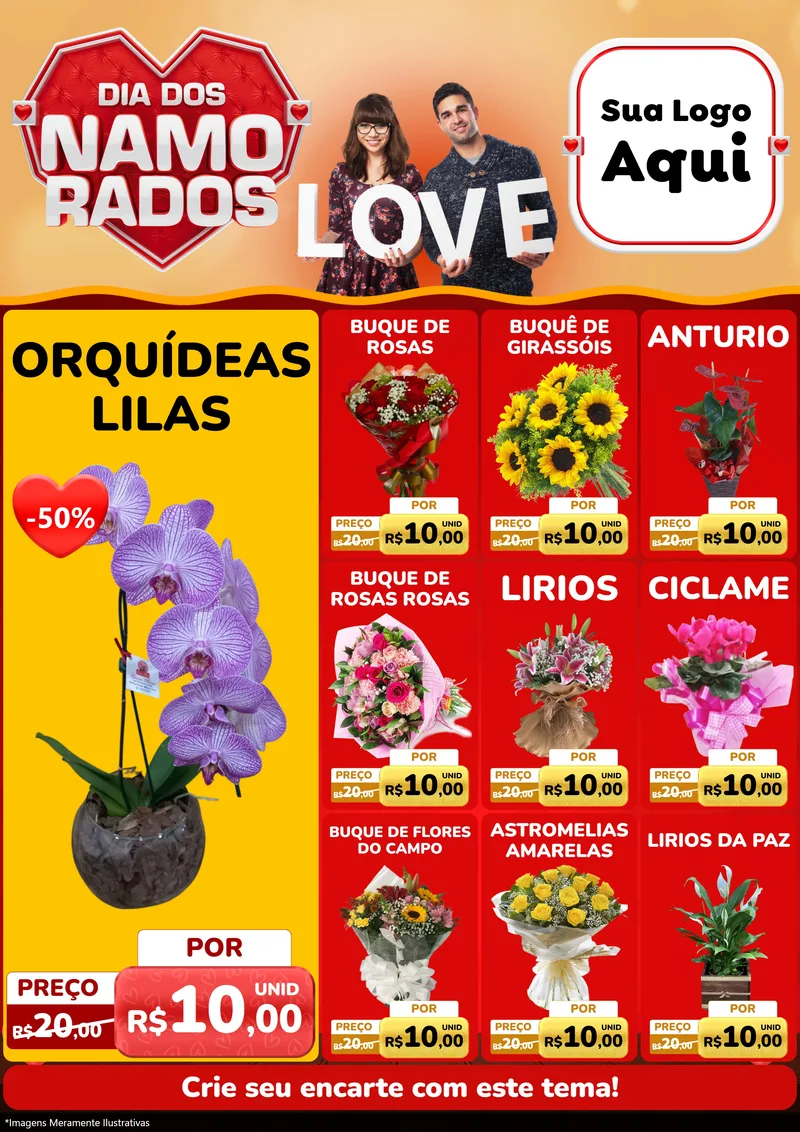 Modelo de Encarte para Encarte A4 Vertical com o tema Dia dos Namorados para Floricultura e jardim