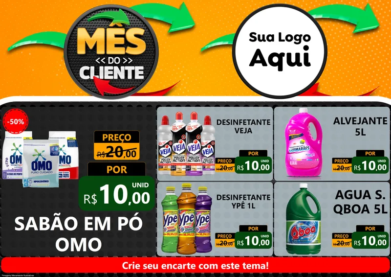 Modelo de Encarte para Encarte A4 Horizontal com o tema Mês do Cliente para Produtos de Limpeza