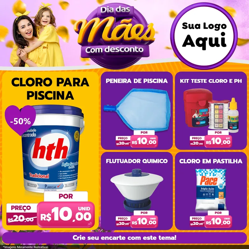 Modelo de Rede Social para Feed Facebook com o tema Dia das Mães com Desconto para Produtos para Piscina