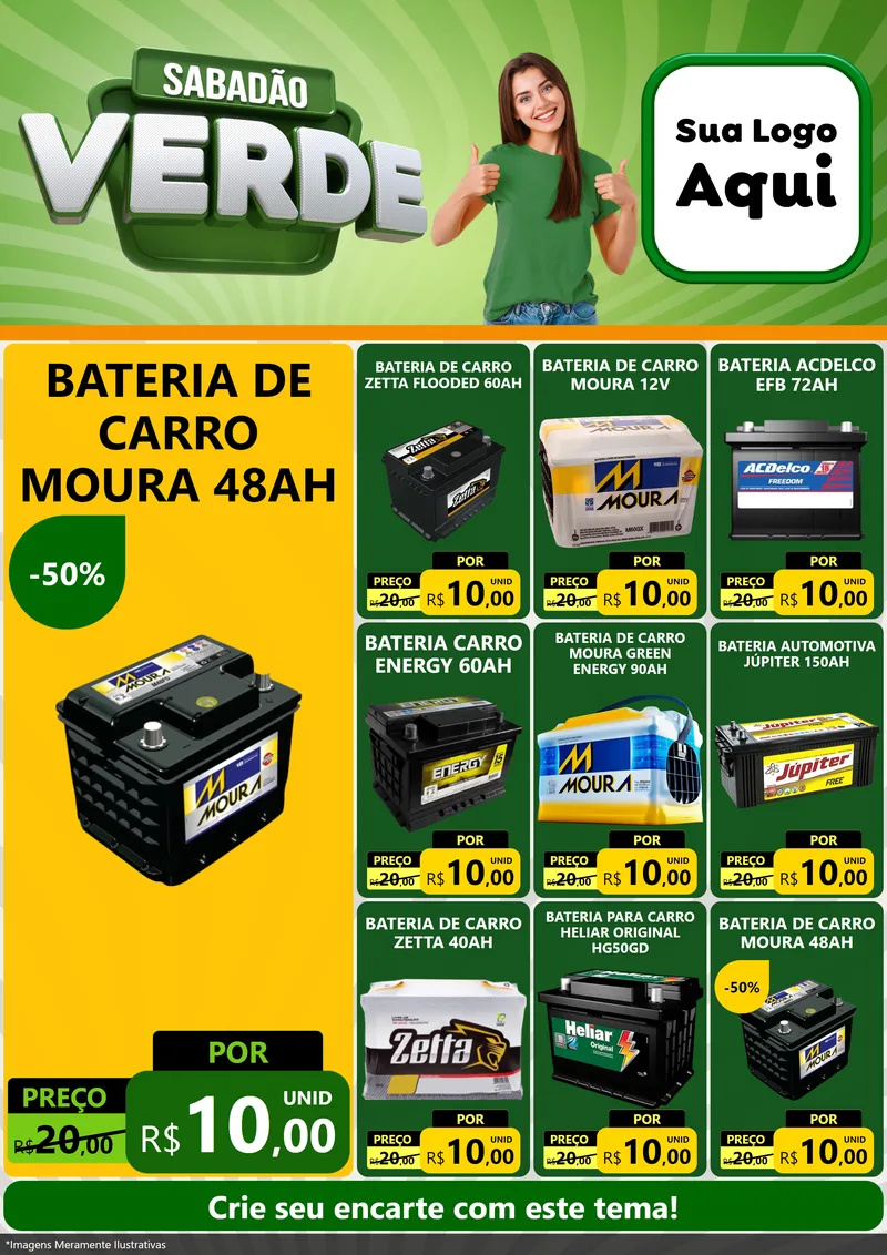 Modelo de Encarte para Encarte A4 Vertical com o tema Sabadão Verde para Baterias Elétricas