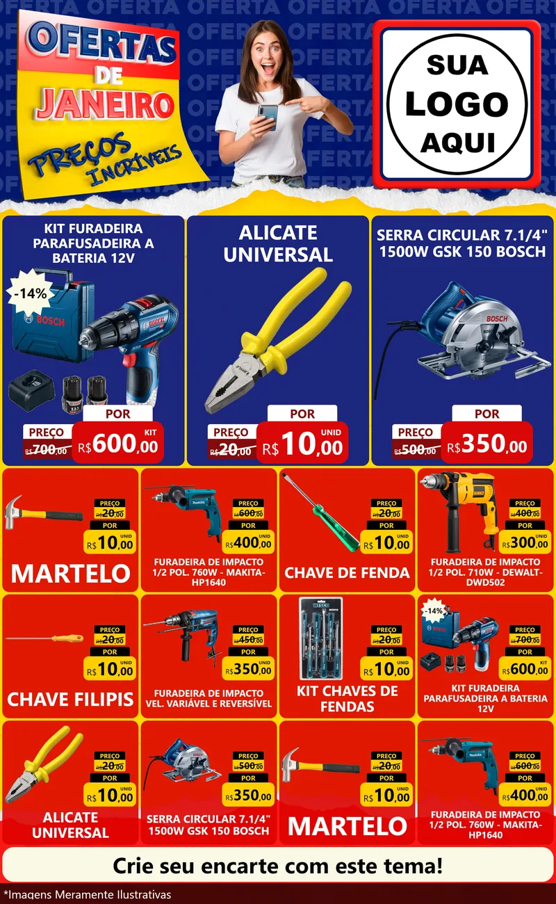 Modelo de Encarte para Encarte Grande com o tema Ofertas de Janeiro - Preços Incríveis para Maquinas e Ferramentas