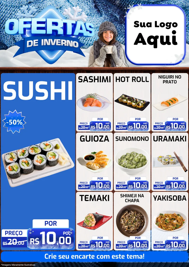 Modelo de Encarte para Encarte A4 Vertical com o tema Ofertas de Inverno para Comida japonesa
