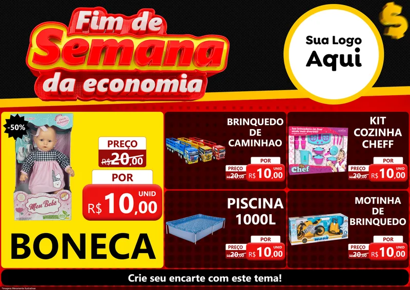Modelo de Encarte para Encarte A4 Horizontal com o tema Fim de Semana da Economia para Brinquedos