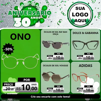Modelo de Rede Social para Feed Facebook com o tema Promoção de Aniversário - 30 Anos para Óticas