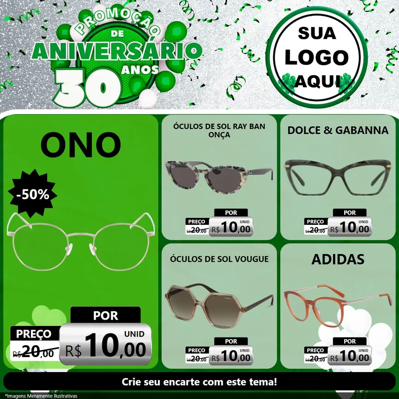 Modelo de Rede Social para Feed Facebook com o tema Promoção de Aniversário - 30 Anos para Óticas