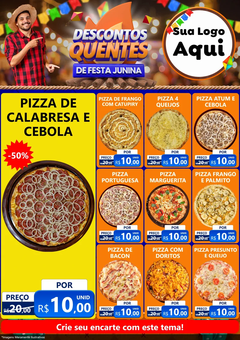 Modelo de Encarte para Encarte A4 Vertical com o tema Descontos Quentes de Festa Junina para Pizzaria