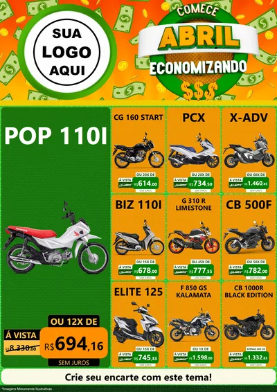 Modelo de Encarte para Encarte A4 Vertical com o tema Comece Abril Economizando para Concessionaria de Motos