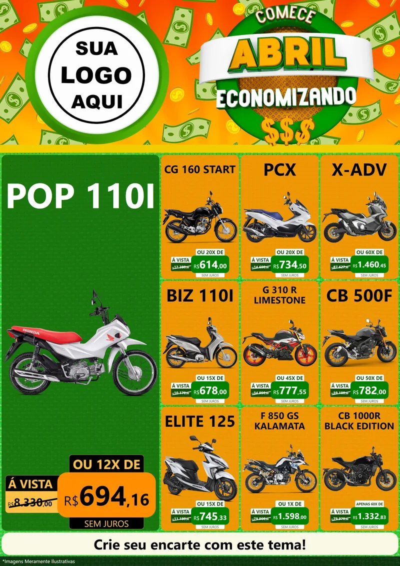 Modelo de Encarte para Encarte A4 Vertical com o tema Comece Abril Economizando para Concessionaria de Motos