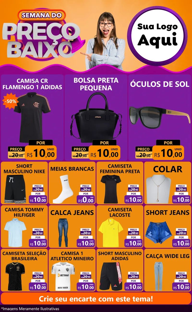 Modelo de Encarte para Encarte Grande com o tema Semana do Preço Baixo para Roupas e acessórios