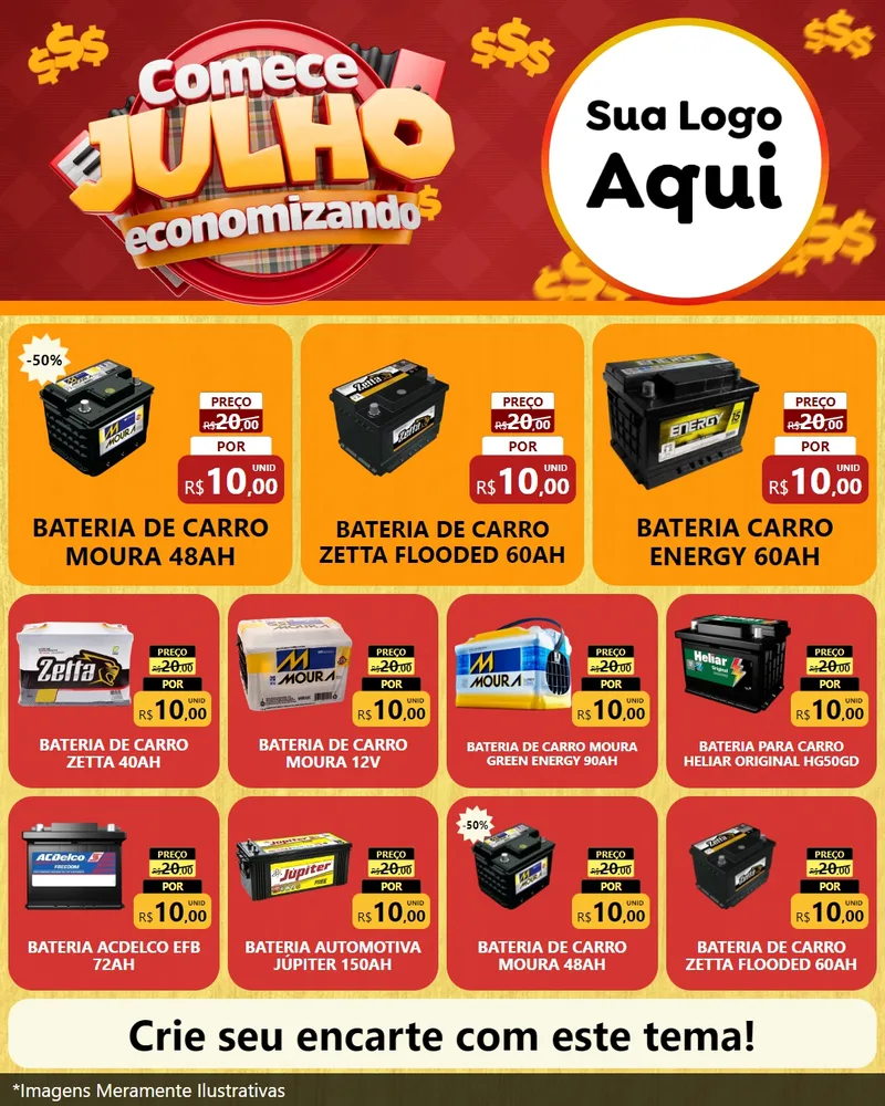 Modelo de Rede Social para Feed Instagram com o tema Comece Julho Economizando para Baterias Elétricas