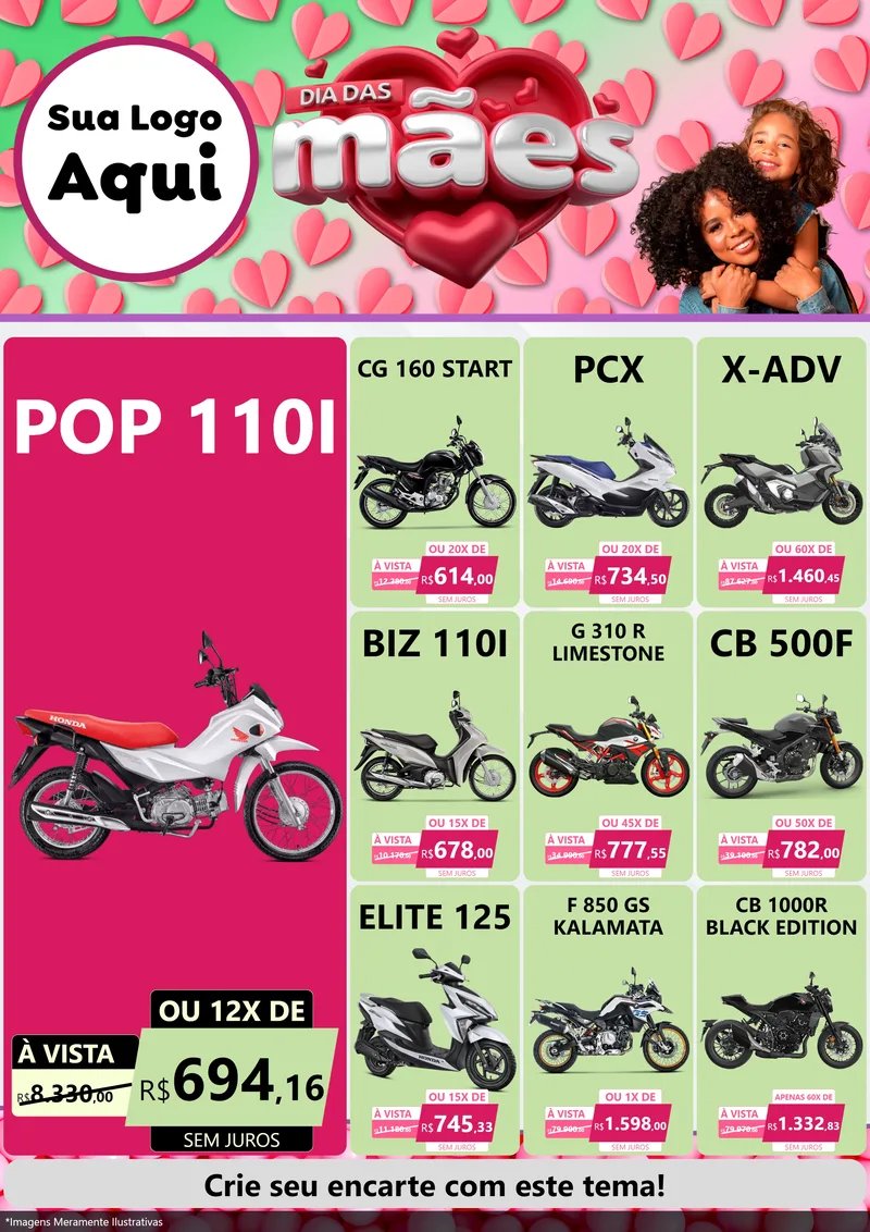 Modelo de Encarte para Encarte A4 Vertical com o tema Dia das Mães para Concessionaria de Motos