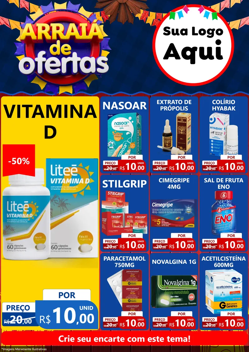 Modelo de Encarte para Encarte A4 Vertical com o tema Arraiá de Ofertas para Farmácia