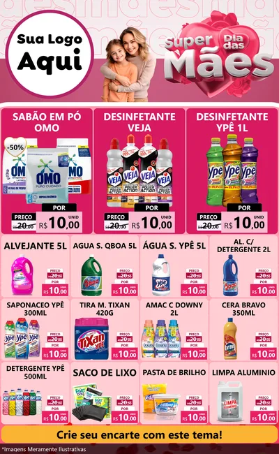 Modelo de Encarte para Encarte Grande com o tema Super Dia Das Mães para Produtos de Limpeza