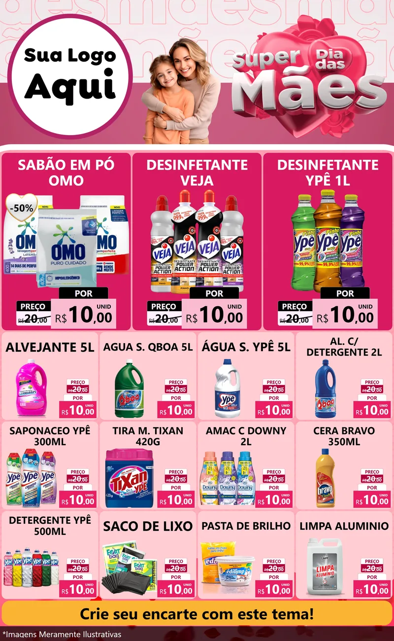 Modelo de Encarte para Encarte Grande com o tema Super Dia Das Mães para Produtos de Limpeza