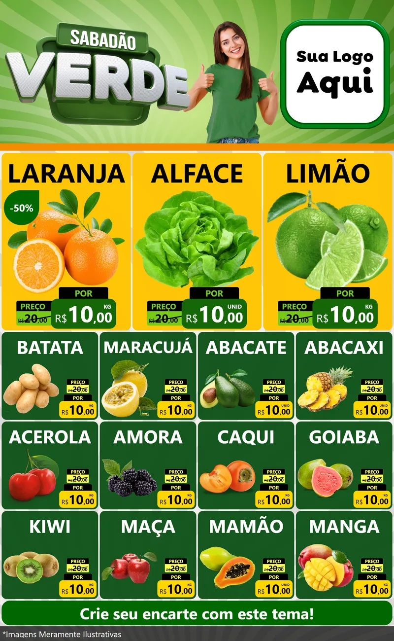 Modelo de Encarte para Encarte Grande com o tema Sabadão Verde para Hortifrúti