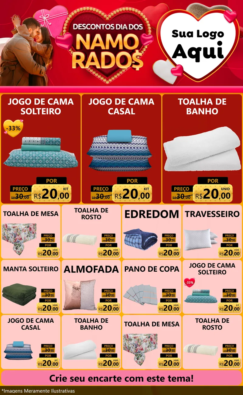 Modelo de Encarte para Encarte Grande com o tema Descontos Dia dos Namorados para Cama, Mesa e Banho