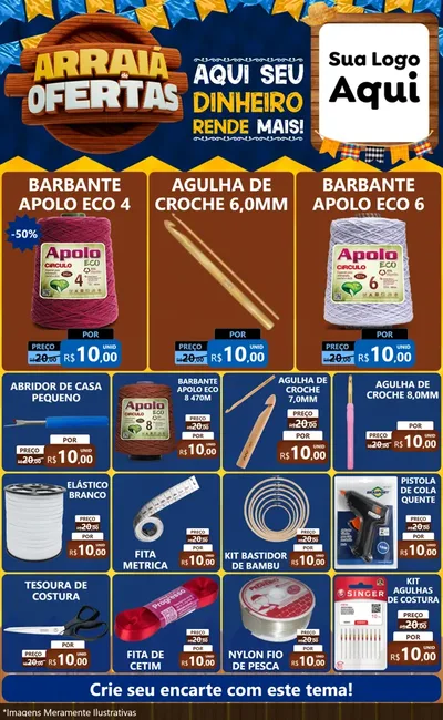 Modelo de Encarte para Encarte Grande com o tema Arraiá de Ofertas - Junina para Armarinho e Aviamentos