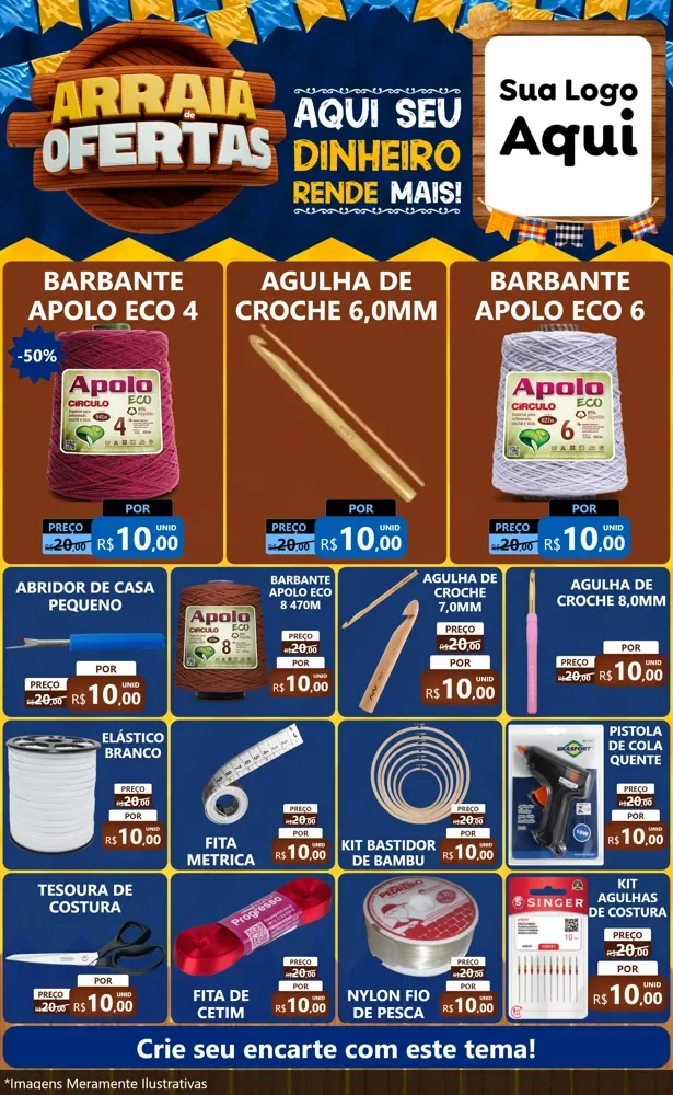 Modelo de Encarte para Encarte Grande com o tema Arraiá de Ofertas - Junina para Armarinho e Aviamentos