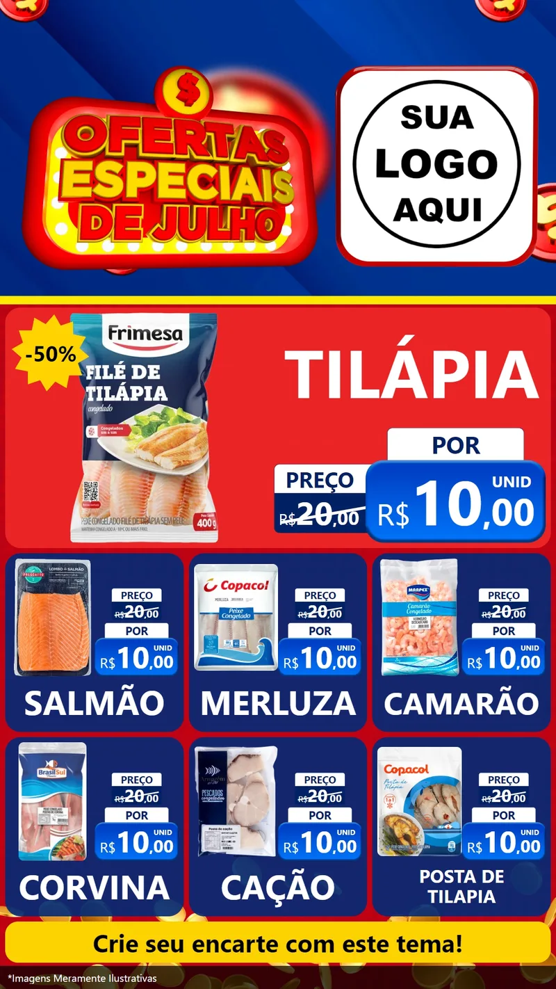 Modelo de Rede Social para Stories com o tema Ofertas Especiais de Julho para Peixaria