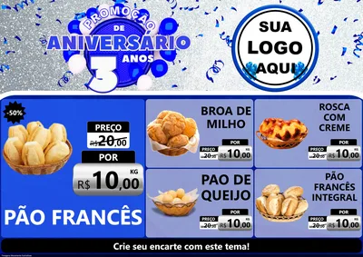 Modelo de Encarte para Encarte A4 Horizontal com o tema Promoção de Aniversário - 3 Anos para Padaria