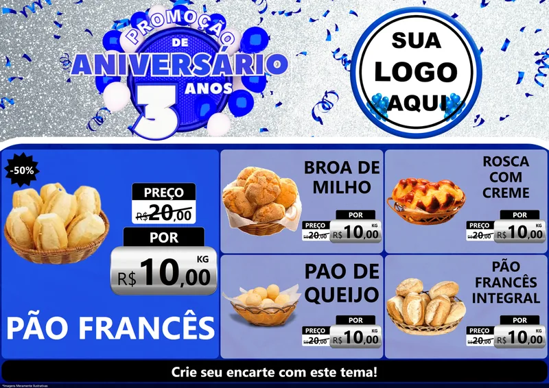 Modelo de Encarte para Encarte A4 Horizontal com o tema Promoção de Aniversário - 3 Anos para Padaria