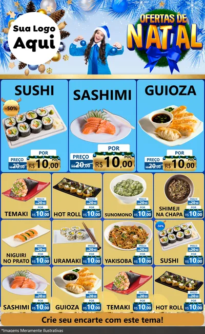 Modelo de Encarte para Encarte Grande com o tema Ofertas de Natal para Comida japonesa