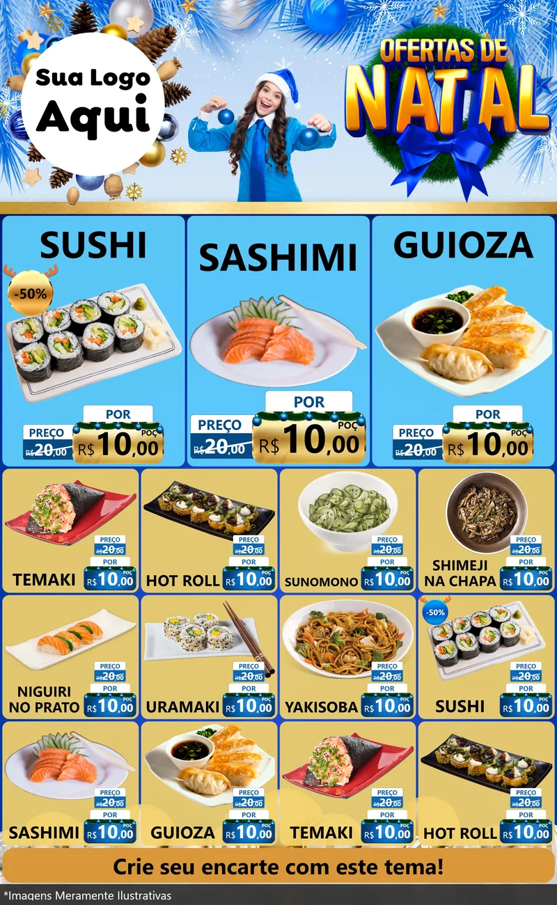 Modelo de Encarte para Encarte Grande com o tema Ofertas de Natal para Comida japonesa