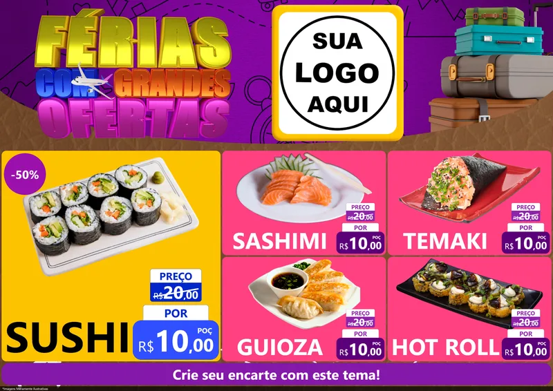 Modelo de Encarte para Encarte A4 Horizontal com o tema Férias com Grandes Ofertas para Comida japonesa