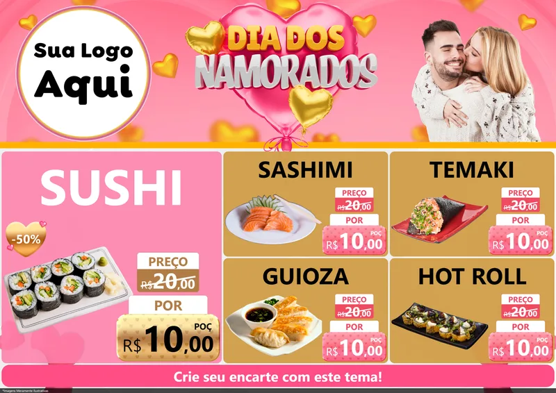 Modelo de Encarte para Encarte A4 Horizontal com o tema Dia dos Namorados para Comida japonesa