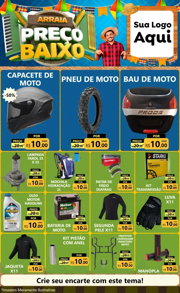Modelo de Encarte para Encarte Grande com o tema Arraiá de Preço Baixo - Junina para Moto peças
