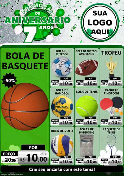 Modelo de Encarte para Encarte A4 Vertical com o tema Promoção de Aniversário - 7 Anos para Artigos Esportivos