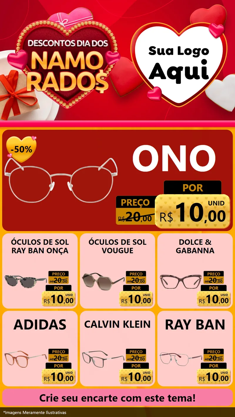 Modelo de Rede Social para Stories com o tema Descontos Dia dos Namorados para Óticas