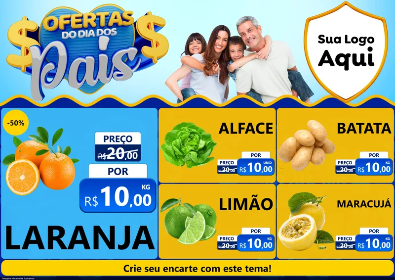 Modelo de Encarte para Encarte A4 Horizontal com o tema Ofertas do Dia dos Pais para Hortifrúti