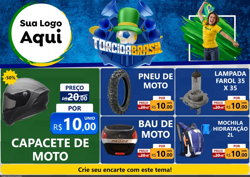 Modelo de Encarte para Encarte A4 Horizontal com o tema Torcida Brasil - Copa para Moto peças