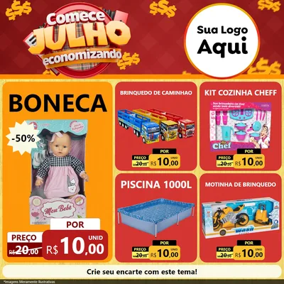 Modelo de Rede Social para Feed Facebook com o tema Comece Julho Economizando para Brinquedos