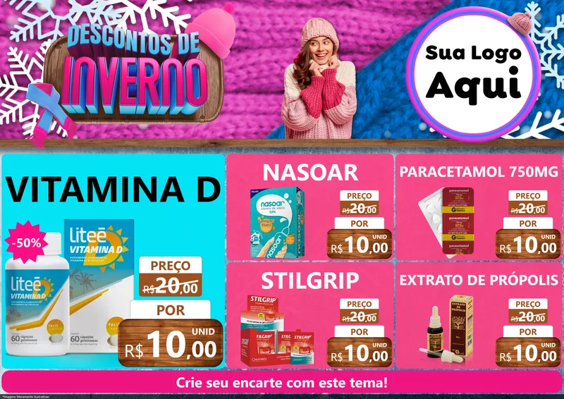 Modelo de Encarte para Encarte A4 Horizontal com o tema Descontos de Inverno para Farmácia