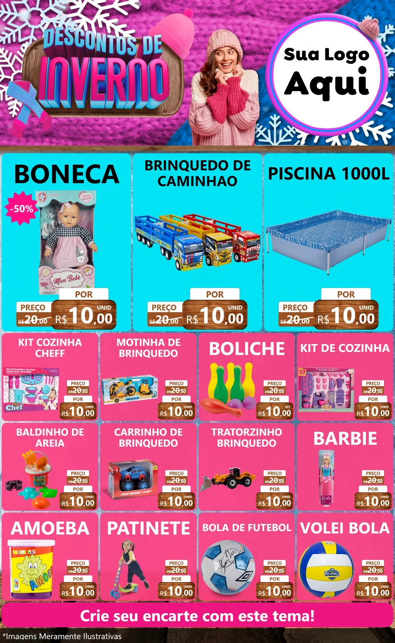 Modelo de Encarte para Encarte Grande com o tema Descontos de Inverno para Brinquedos