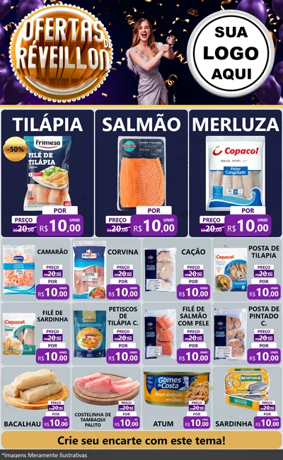 Modelo de Encarte para Encarte Grande com o tema Ofertas de Réveillon para Peixaria