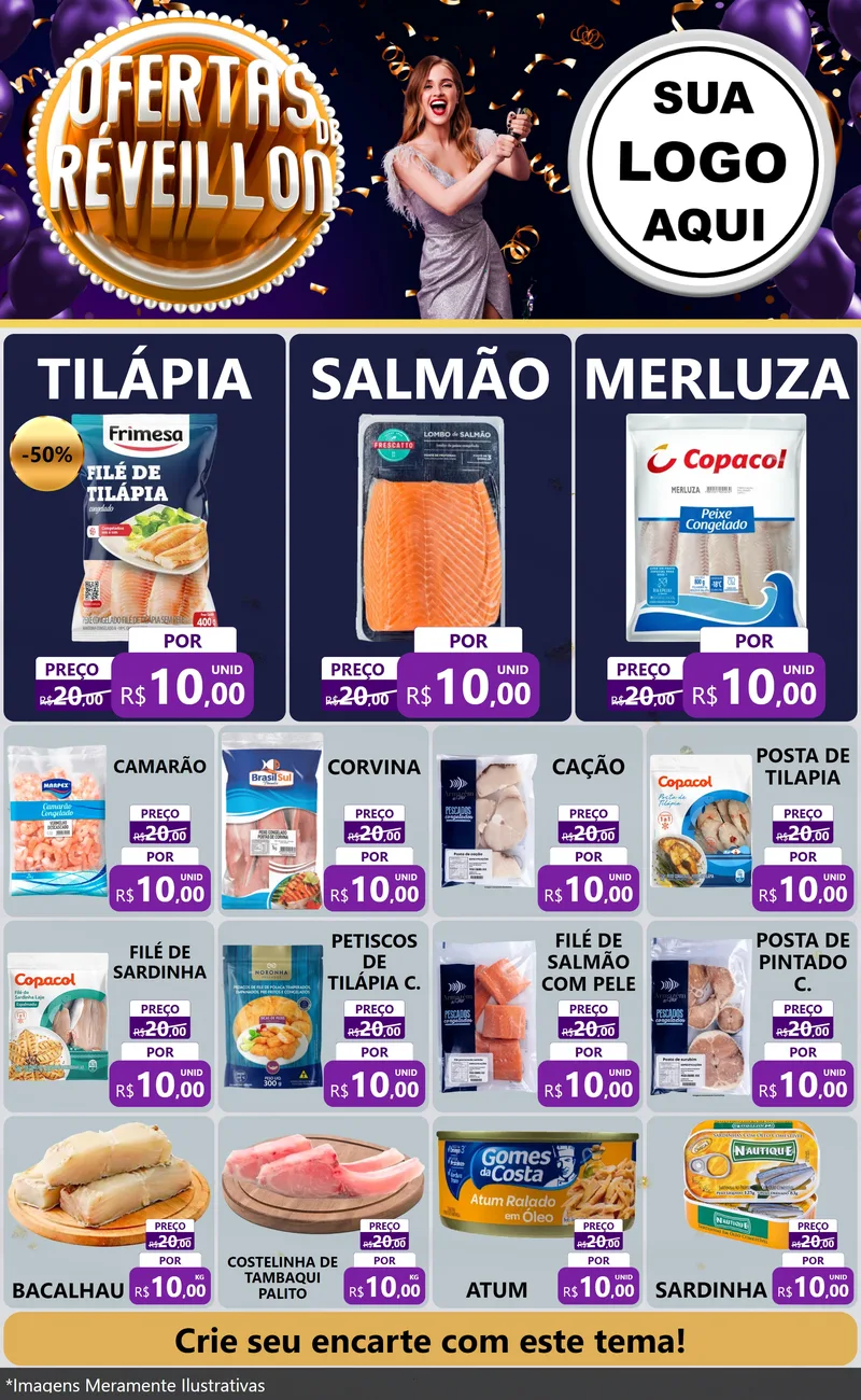 Modelo de Encarte para Encarte Grande com o tema Ofertas de Réveillon para Peixaria