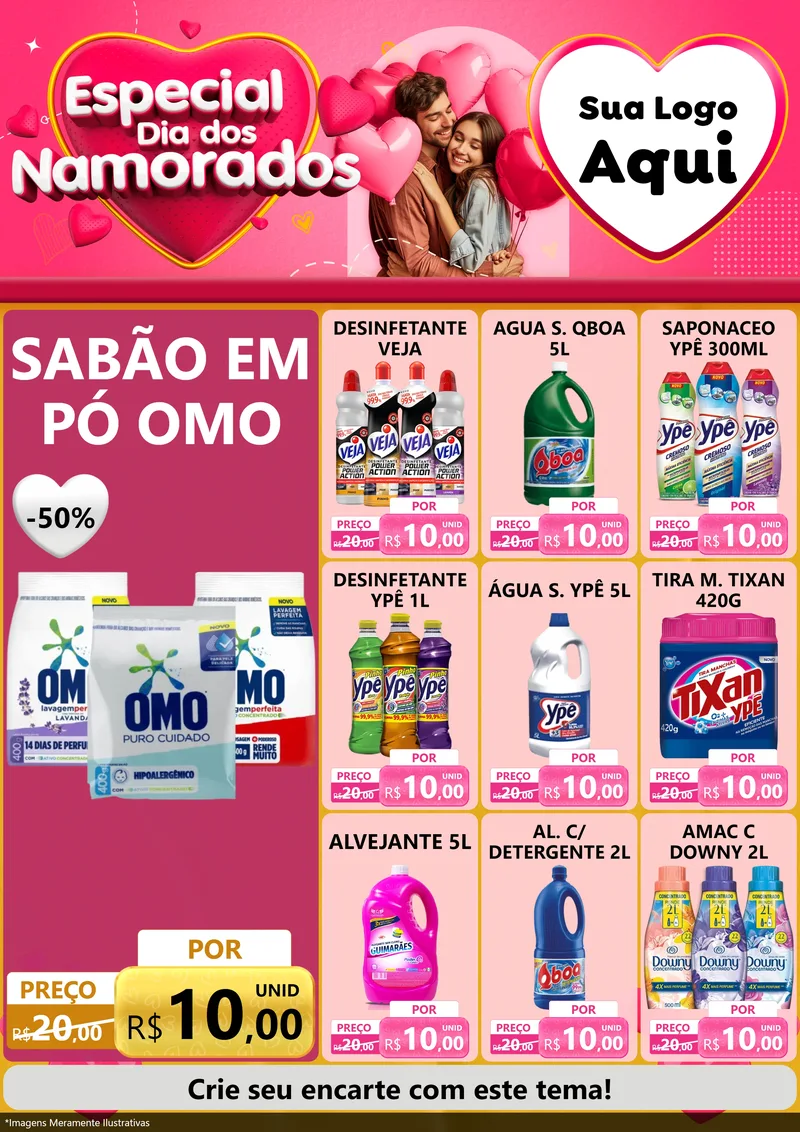 Modelo de Encarte para Encarte A4 Vertical com o tema Especial Dia dos Namorados para Produtos de Limpeza