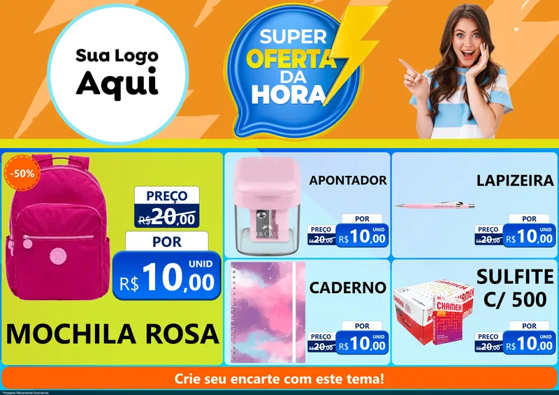 Modelo de Encarte para Encarte A4 Horizontal com o tema Super Oferta da Hora para Papelaria
