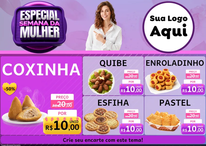 Modelo de Encarte para Encarte A4 Horizontal com o tema Especial Semana da Mulher para Salgadaria