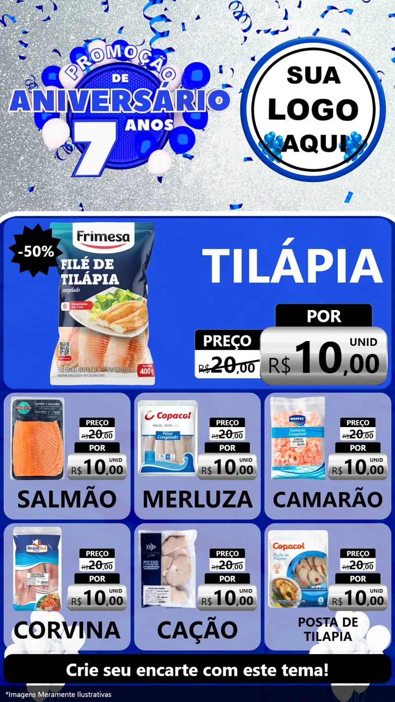 Modelo de Rede Social para Stories com o tema Promoção de Aniversário - 7 Anos para Peixaria