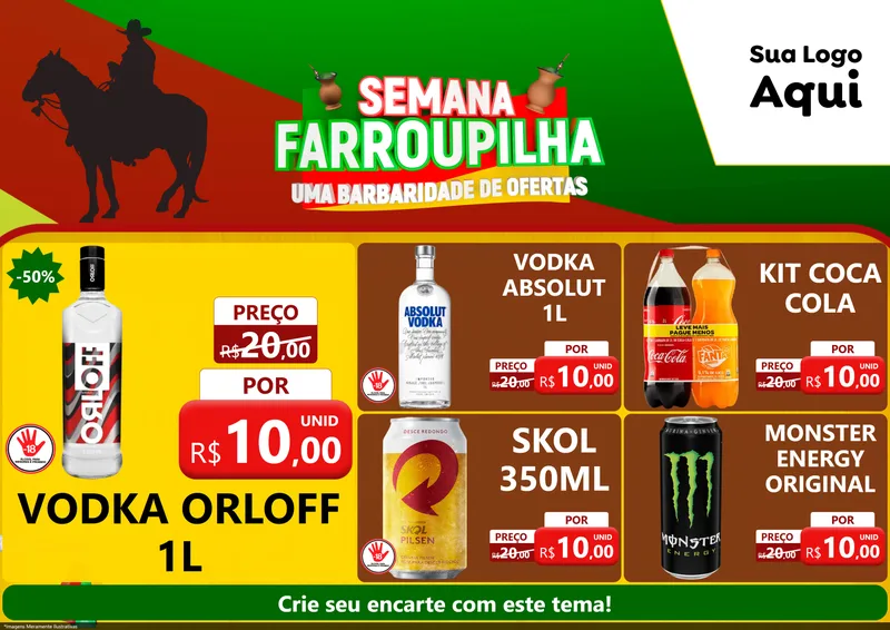 Modelo de Encarte para Encarte A4 Horizontal com o tema Semana Farroupilha - Uma Barbaridade de Ofertas para Distribuidora de bebidas