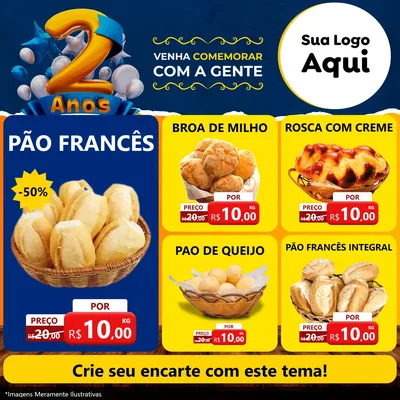 Modelo de Rede Social para Feed Facebook com o tema Aniversário de 2 anos para Padaria