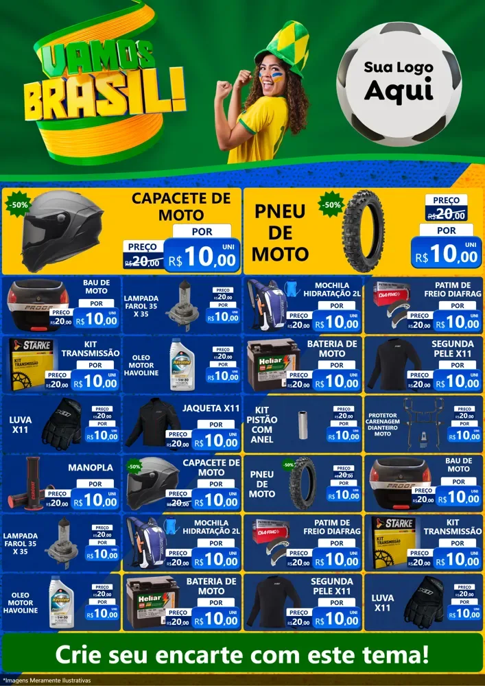 Modelo de Encarte para Encarte A4 Vertical com o tema Vamos Brasil - Copa para Moto peças